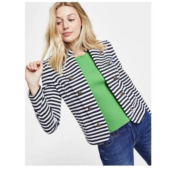 💕TOMMY HILFIGER💕 Open Front Cotton Striped Military Blazer Jacket ~ Large NWT - Picture 1 of 12